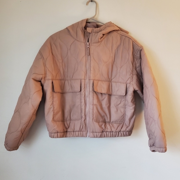 Old Navy Blush Pink Cropped Puffer Water Resistant Zip Up Hooded Jacket - Picture 1 of 7
